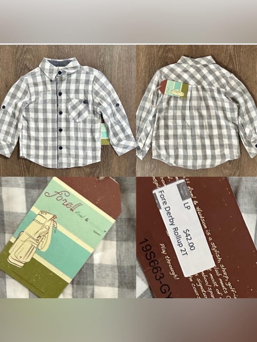 Fore Axel & Hudson white Gray Checkered Roll Cuff Button front Shirt Size 2T NWT